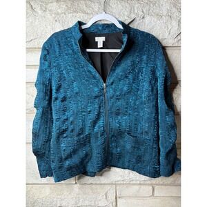 Chicos Teal Blue Textured Crinkle Zip Front Jacket Mock Neck Size 2 4501095135